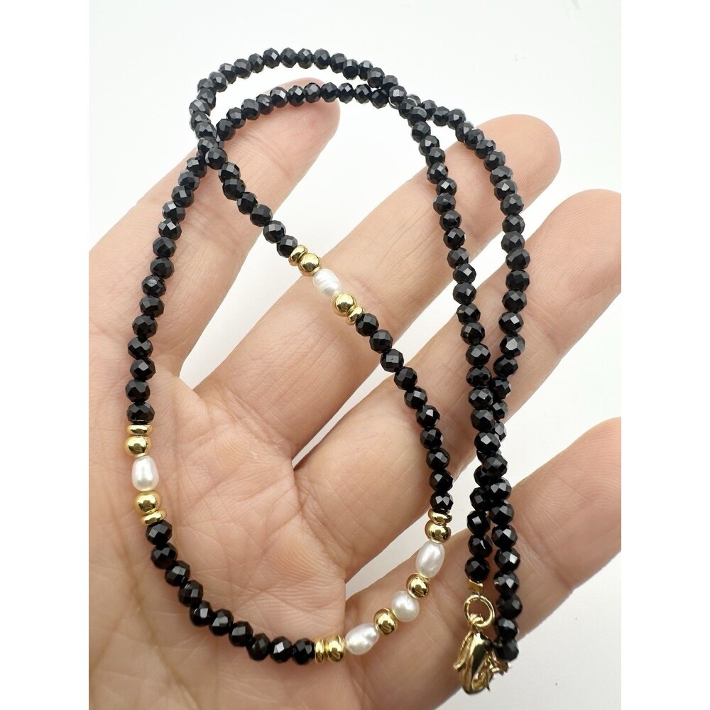 natural 3.2mm Faceted Black Spinel Freshwater Pearl Beaded Necklace 18”
